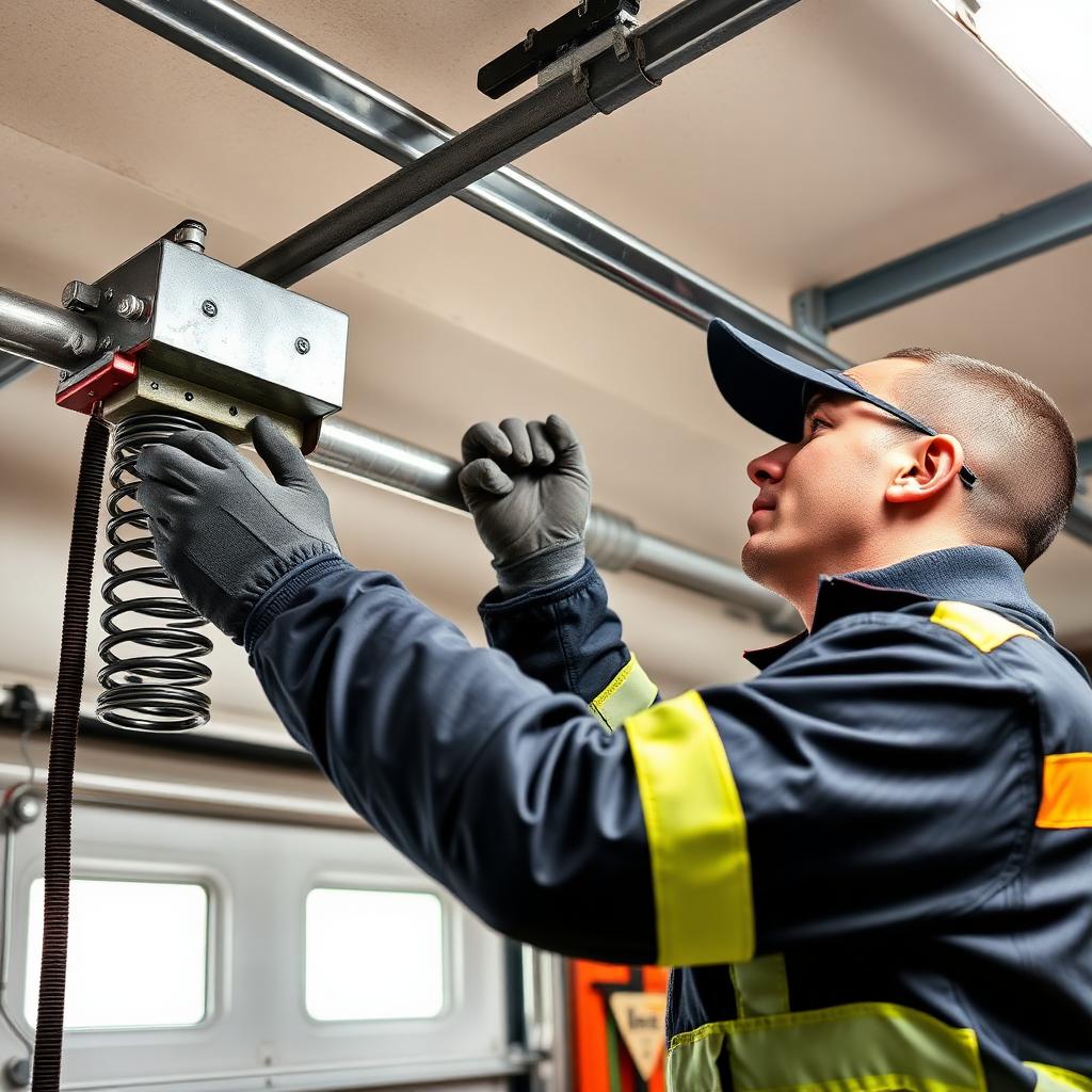 Expert garage door spring repair technician working on residential door